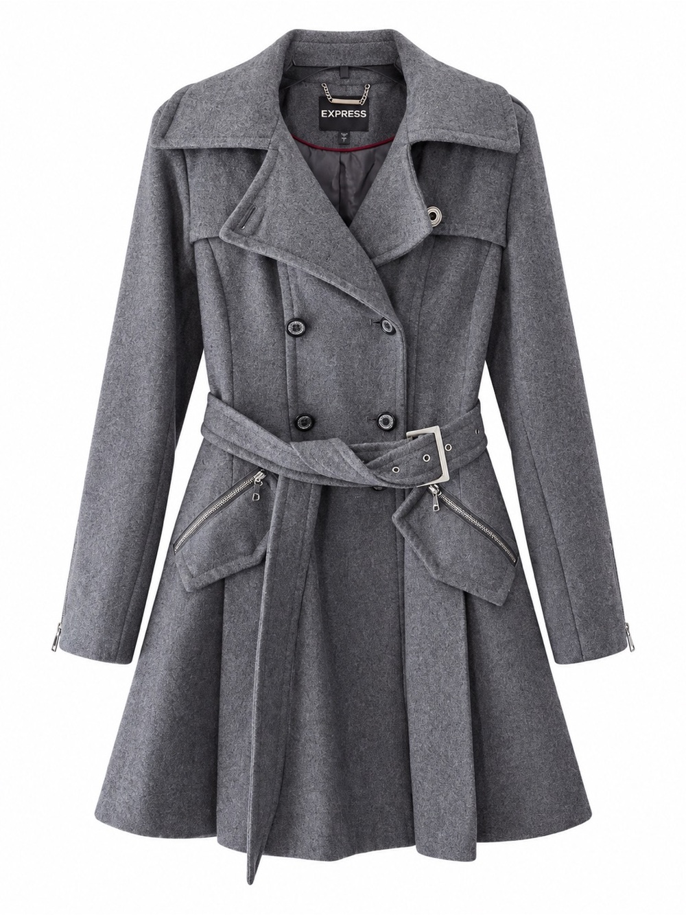 Express Gray Double-Breasted Wool-Blend Trench Coat with Belt